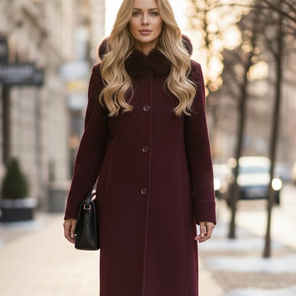 Vintage Forecaster Lambswool Blend Deep Burgundy Trench Coat with Fox Fur Trim - Picture 1 of 10